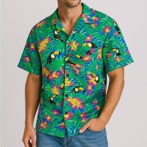 KEVIN'S Hawaiian toucan print shirt sleeve woven button up shirt size small